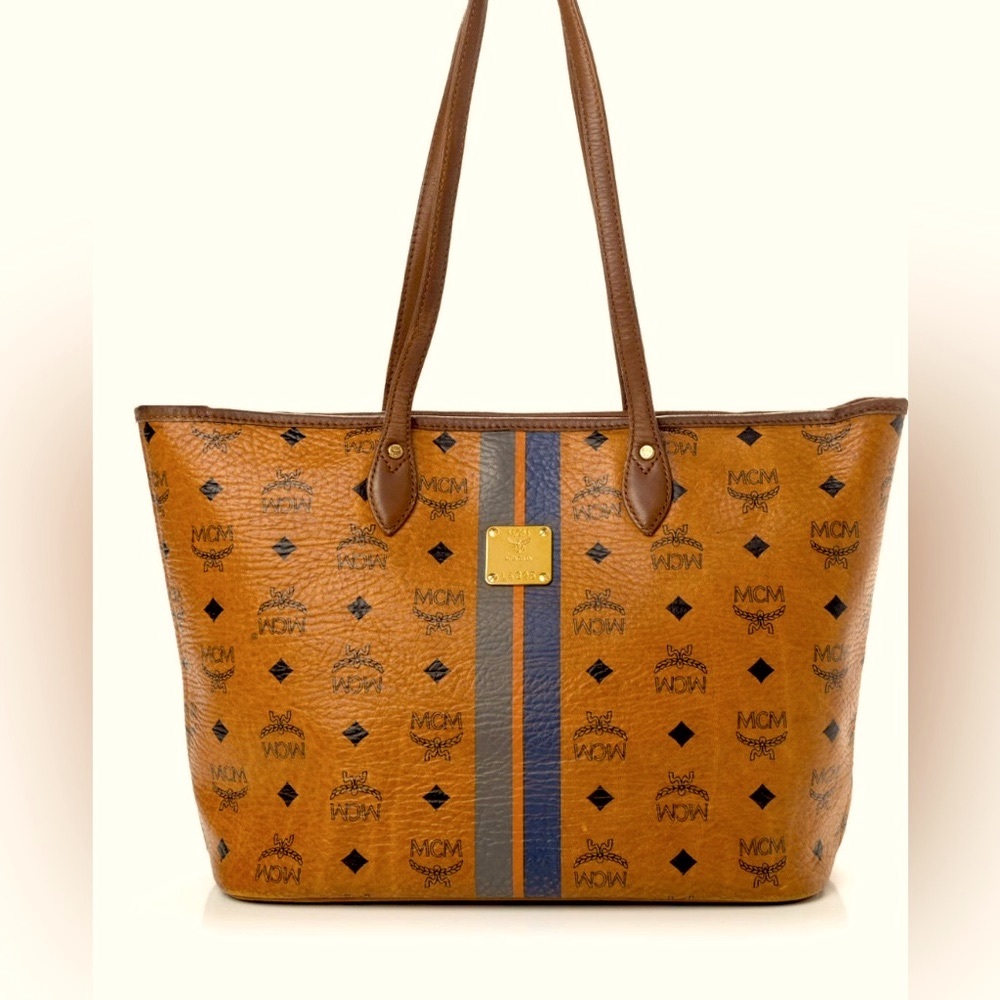 MCM brown stripe visetos top zipper large tote bag